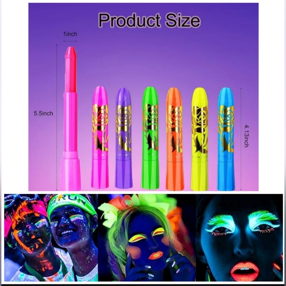 🍎 NIB 6 Neon Face Body Paint Glow in the Dark Makeup Crayon Pens UV Bright